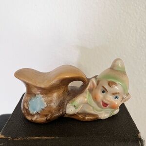 Ceramic Gnome Planter - Brown and Green Home Art Accent